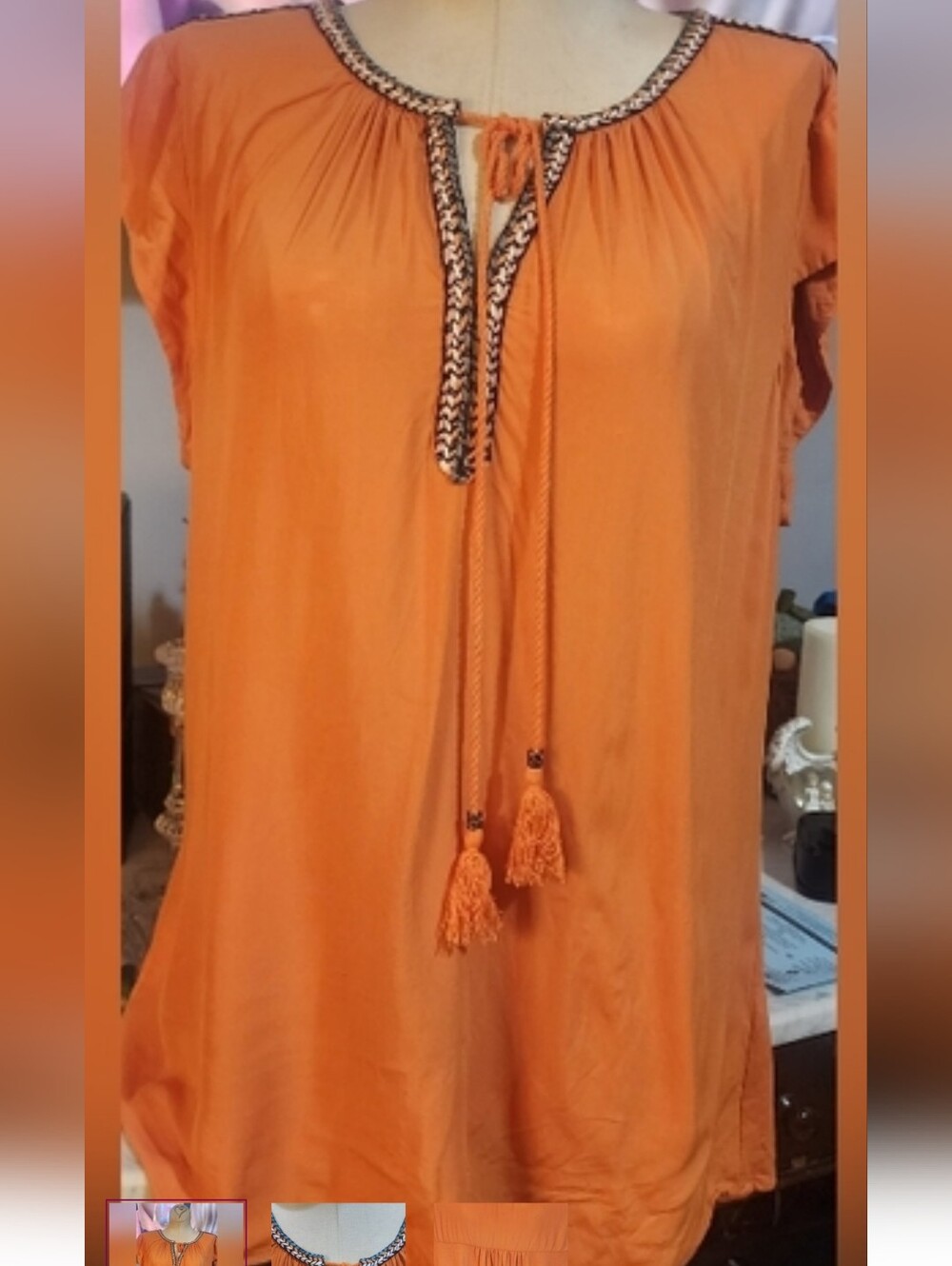 Daniel Rainn Orange Boho Blouse Embroidered Tassel Top Size L